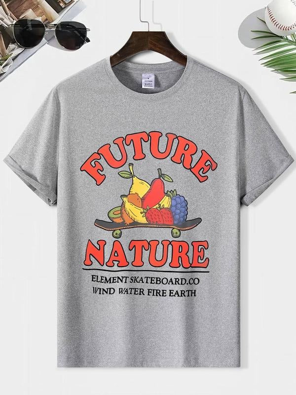 Men's Fruit Print Round Neck Tee, Regular Fit Casual Short Sleeve Crew Neck T-shirt for Summer, Men's Top for Daily Wear,...