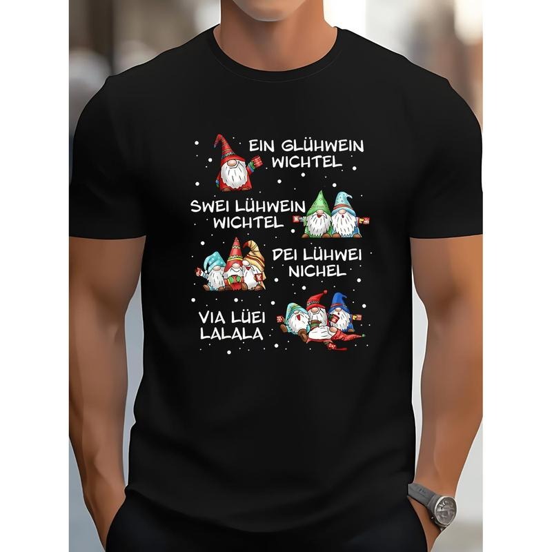 Men's Funny German Christmas Gnome T-Shirt - Mulled Wine Elf Design with German Phrases, Casual Short Sleeve Black Cotton...