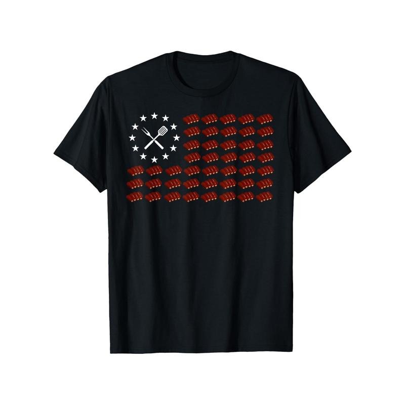 Men's Funny Patriotic BBQ Ribs American Flag Graphic T-Shirt - 100% Cotton Non-Fade Non-Pilling Breathable T-Shirt for...