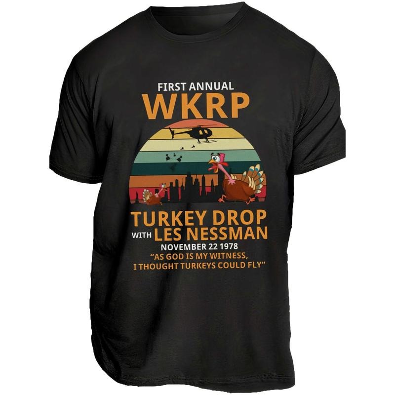 Men's Funny Thanksgiving Turkey Drop WKRPs Graphic T-Shirt - Large Size Casual Short Sleeve, Breathable Moisture-Wicking...