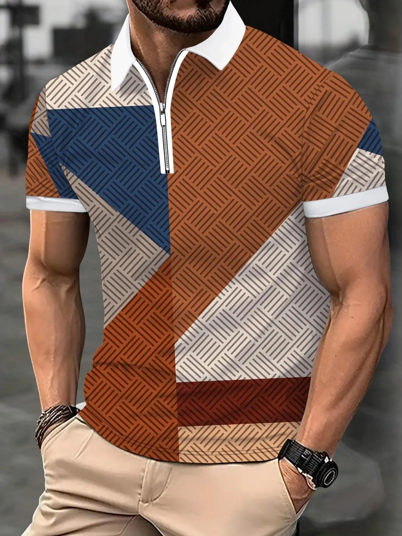 Men's Geometric Patchwork Print Zipper Polo Shirt, Casual Regular Fit Short Sleeve Top for Summer, Menswear for Daily...