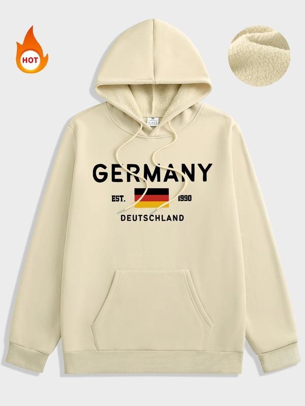Men's Germany Flag & Letter Print Drawstring Pocket Hoodie, Regular Fit Casual Long Sleeve Fleece Hooded Sweatshirt for...