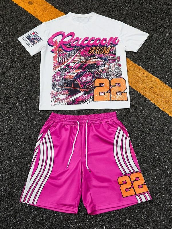 Men's Graphic Letter Print Round Neck Short Sleeve Casual T-Shirt Set, Drawstring Waist Shorts, Summer Fashion, Outdoor...