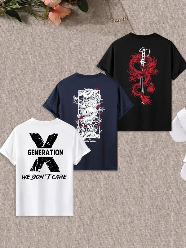 Men's Graphic Print Crew Neck Tee, Regular Fit Casual Comfy Short Sleeve Round Neck T-shirt for Summer, Men's All-Match...