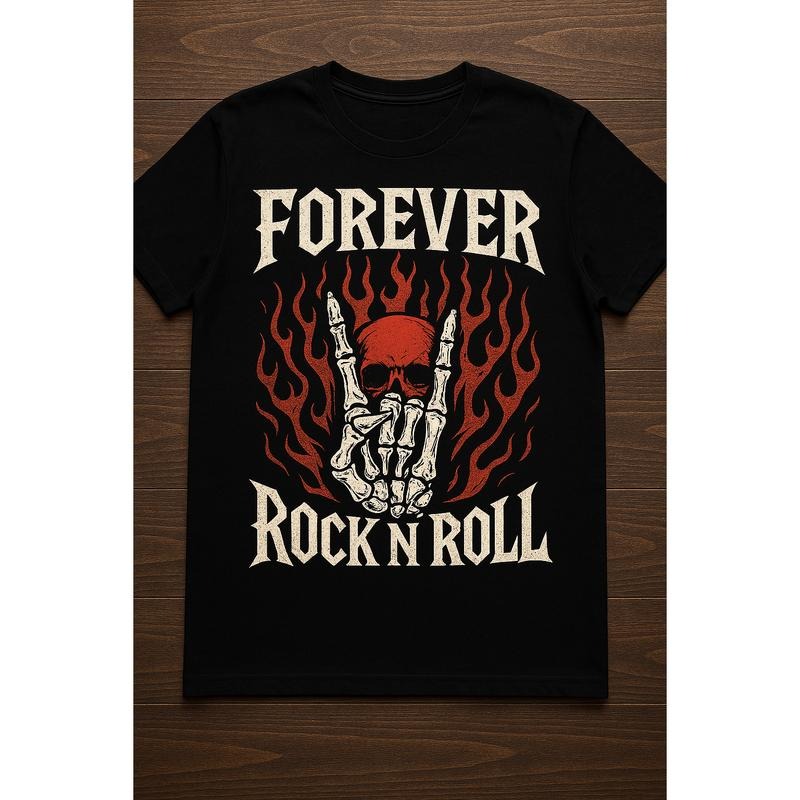 Men's Graphic Tees  trendy t-shirts men's t shirts  men's Gift Crew Neck T-Shirt , Patterned Print Forever Rock n Roll Tee