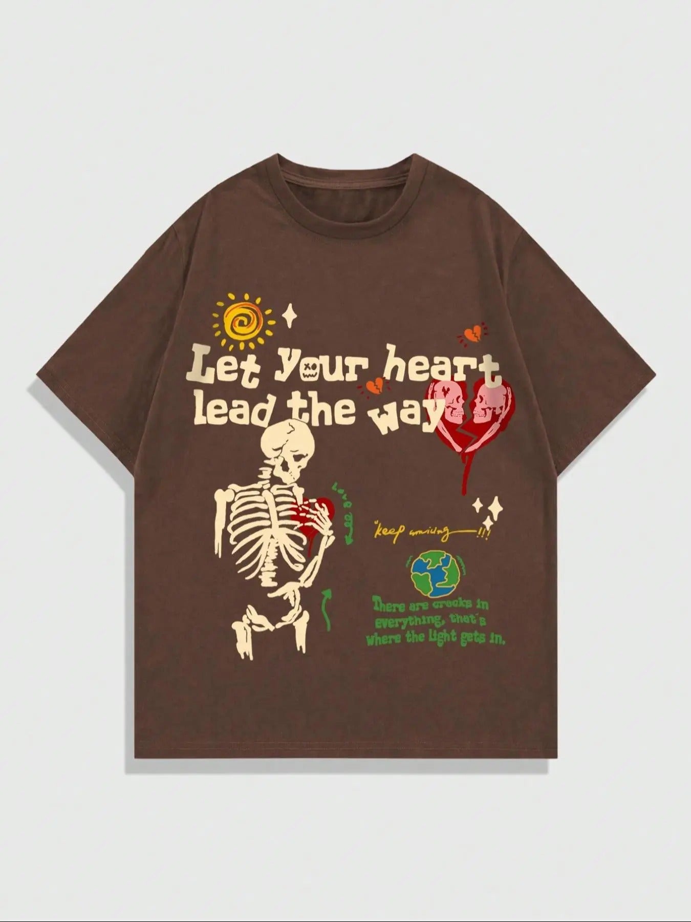 Men's Halloween Skeleton & Heart Print Drop Shoulder Tee, Regular Fit Casual Cartoon Graphic Short Sleeve Round Neck...