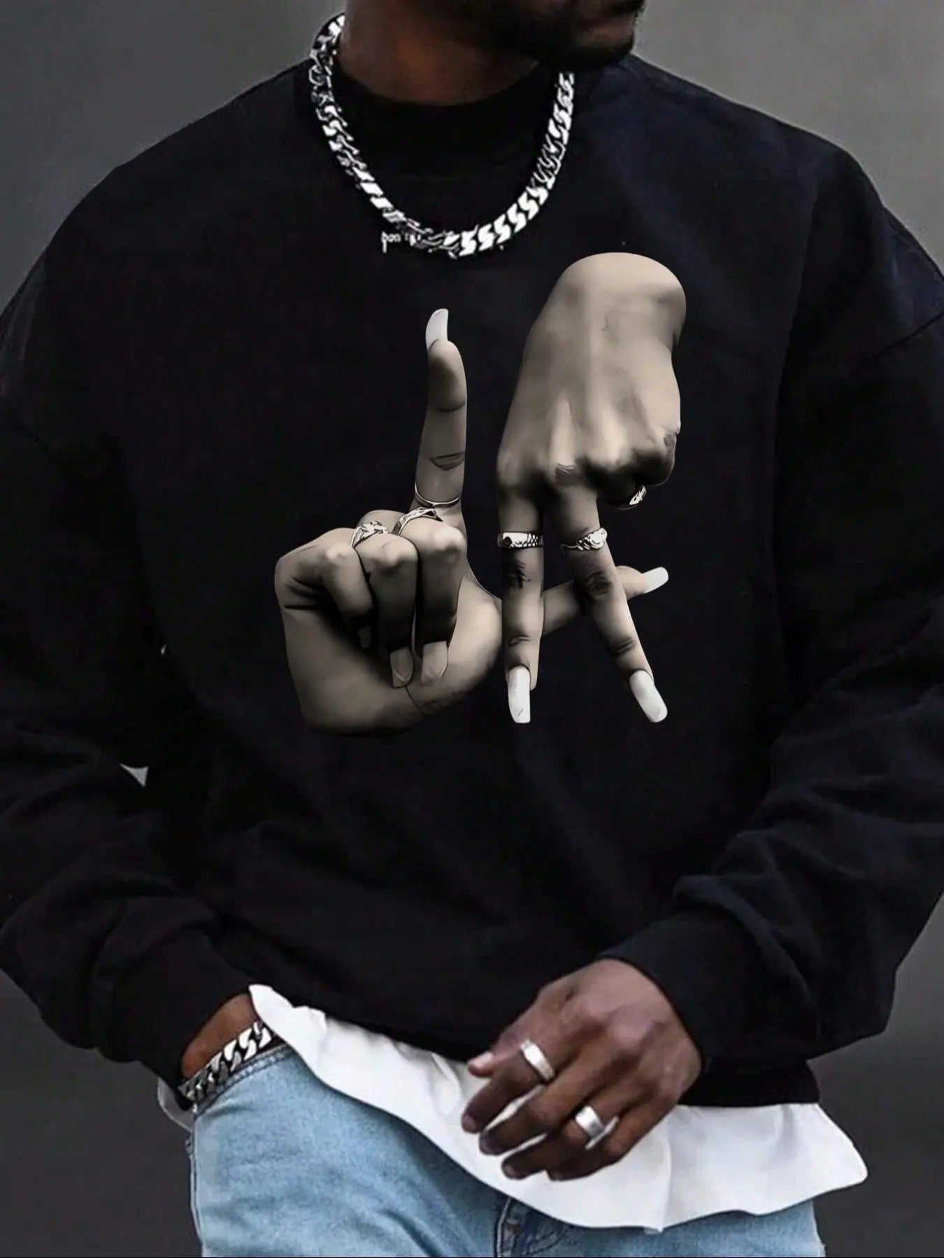 Men's Hand Gesture Print Round Neck Lounge Sweatshirt, Regular Fit Casual Long Sleeve Crew Neck Pullover for Fall &...
