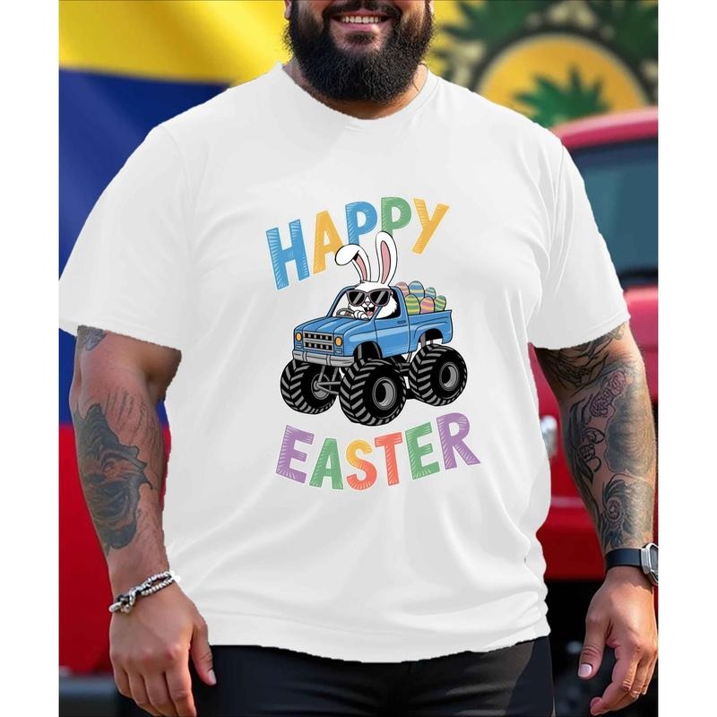 Men's Happy Easter T-Shirt - Red Short-Sleeve Crewneck with Easter Egg & Bunny Design, Large Size Casual Spring & Summer...