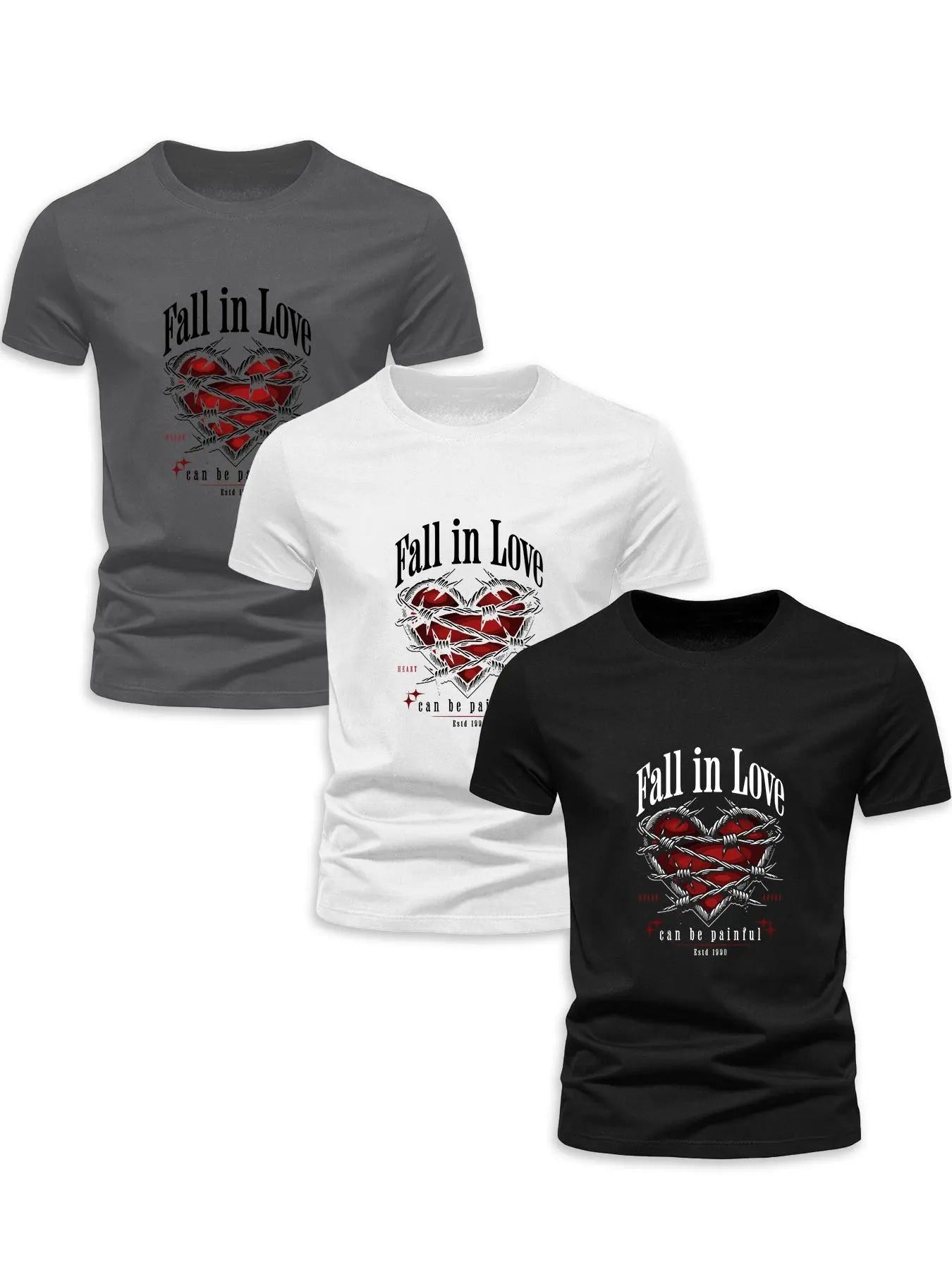Men's Heart & Letter Print Round Neck Tee, Regular Fit Casual Short Sleeve Crew Neck T-shirt for Summer, Men's Top for...