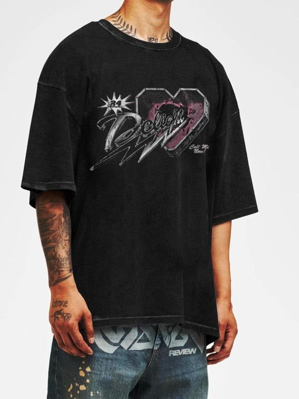 Men's Heart Print Short Sleeve Graphic Tee, Casual Regular Fit Wash T-shirt for Summer, Men's Top for Daily Wear,...