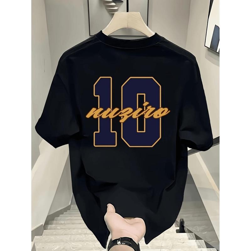Men's Heavyweight Cotton Oversized T-Shirt - White with Navy Blue '10' Graphic - Streetwear Essential Crewneck Tee -...