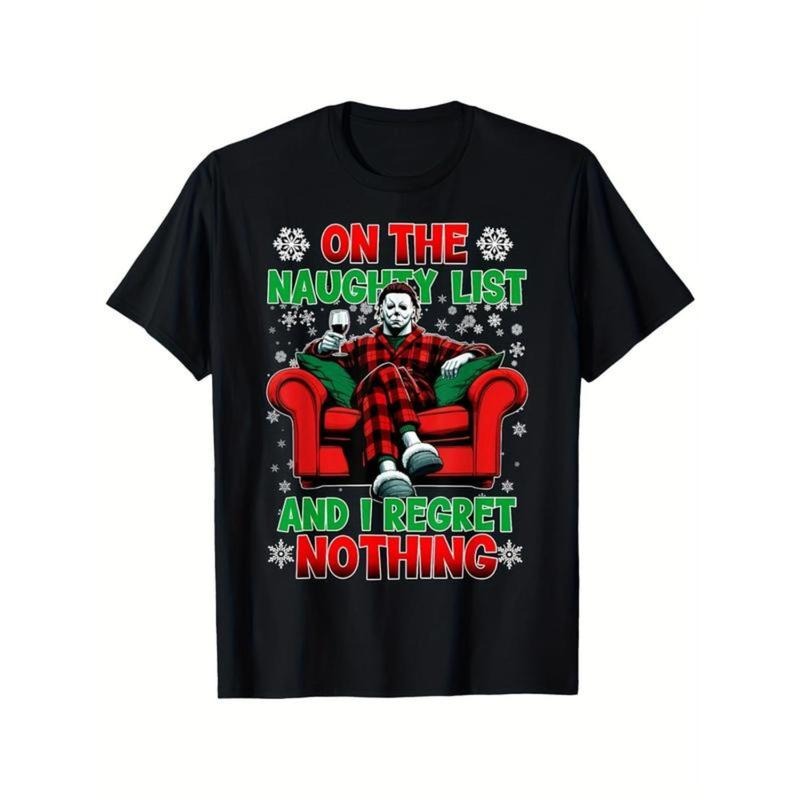 Men's Horror Christmas T-Shirt Funny Naughty List Saying with Red Armchair Design Heavyweight 100% Cotton Halloween...