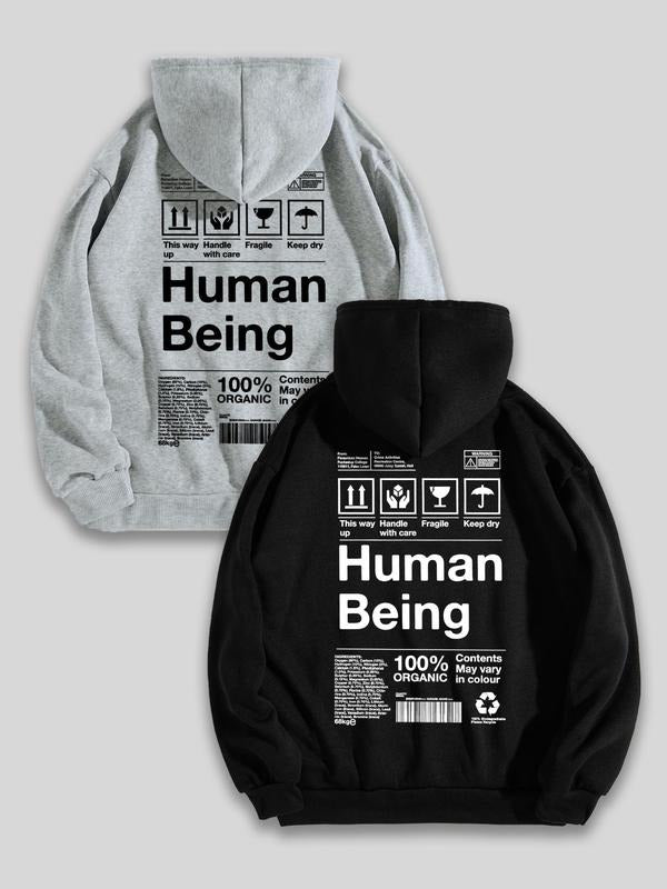 Men's Human Being Print Hoodie, Regular Fit Casual Graphic Hooded Sweatshirt for Spring & Fall, Men's Top for Daily Wear...