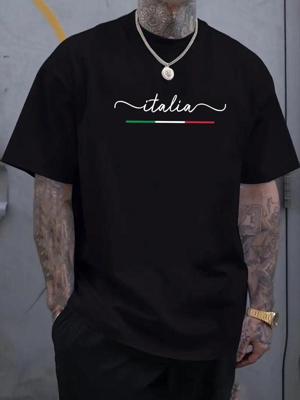 Men's Italy Flag Print Round Neck Tee, Regular Fit Casual Short Sleeve Crew Neck T-Shirt for Daily Wear, Men's Top for...