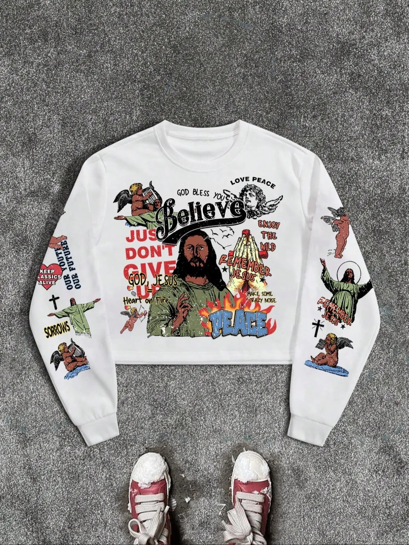 Men's Jesus  & Letter Print Drop Shoulder Sweatshirt, Casual Long Sleeve Round Neck Pullover for Daily Wear, Men's Top...