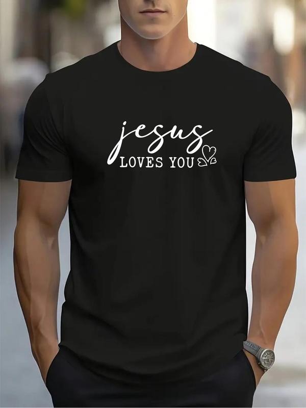 Men's Jesus Loves You Print Round Neck Tee, Regular Fit Casual Short Sleeve Crew Neck T-Shirt for Daily Wear, Men's Top...