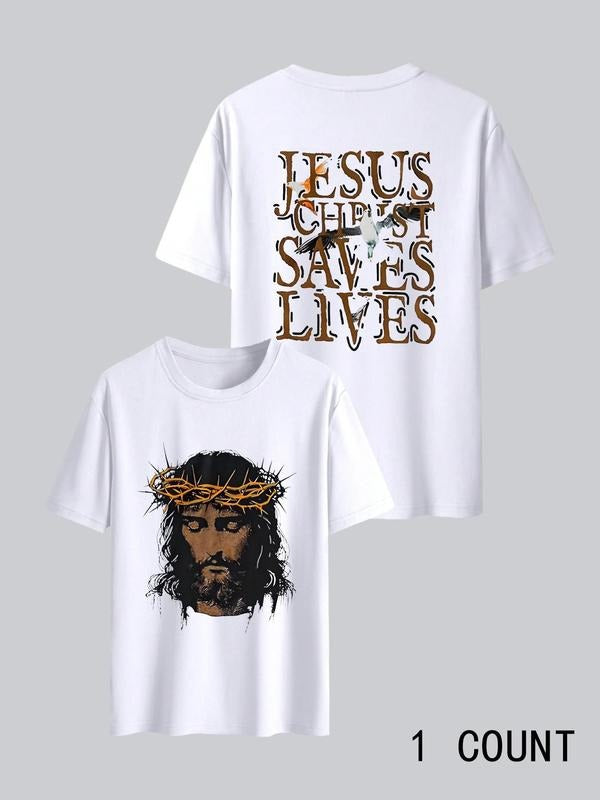 Men's Jesus Print Round Neck Tee, Regular Fit Casual Fashion Short Sleeve T-shirt for Summer, Men's Top for Daily Wear,...