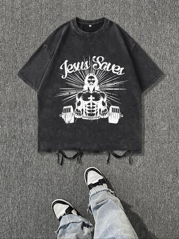 Men's Jesus Saves Print Short Sleeve Graphic Tee, Vintage Trendy Casual Round Neck T-shirt for Daily Wear, Men's Summer...