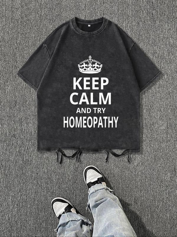 Men's Keep Calm and Try Homeopathy Print Round Neck Tee, Regular Fit Vintage Casual Short Sleeve T-shirt for Daily Wear,...
