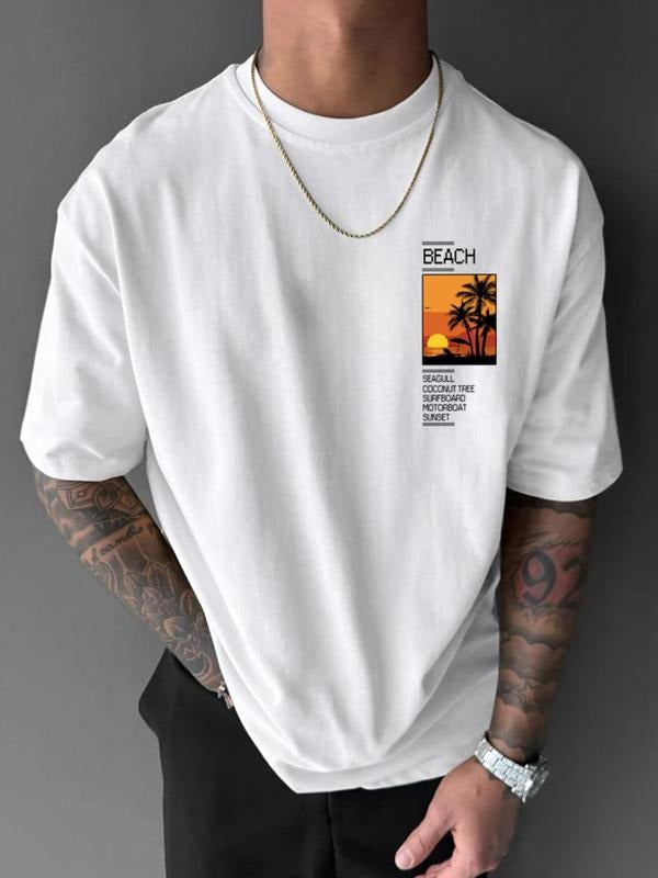 Men's Landscape & Letter Print Drop Shoulder Tee, Regular Fit Casual Short Sleeve Round Neck T-shirt, Fashion Men's...