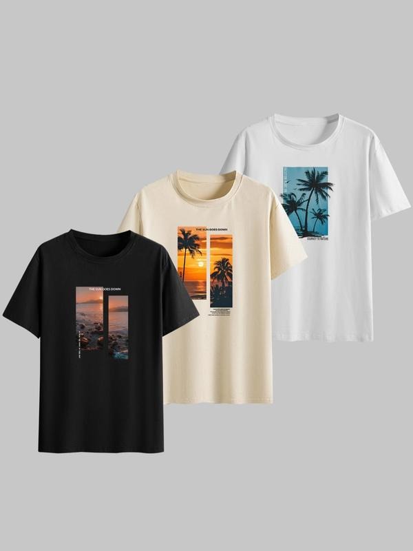 Men's Landscape Graphic Round Neck Tee, Regular Fit Casual Crew Neck Short Sleeve T-shirt, Vacation Outfits 2024, Summer...