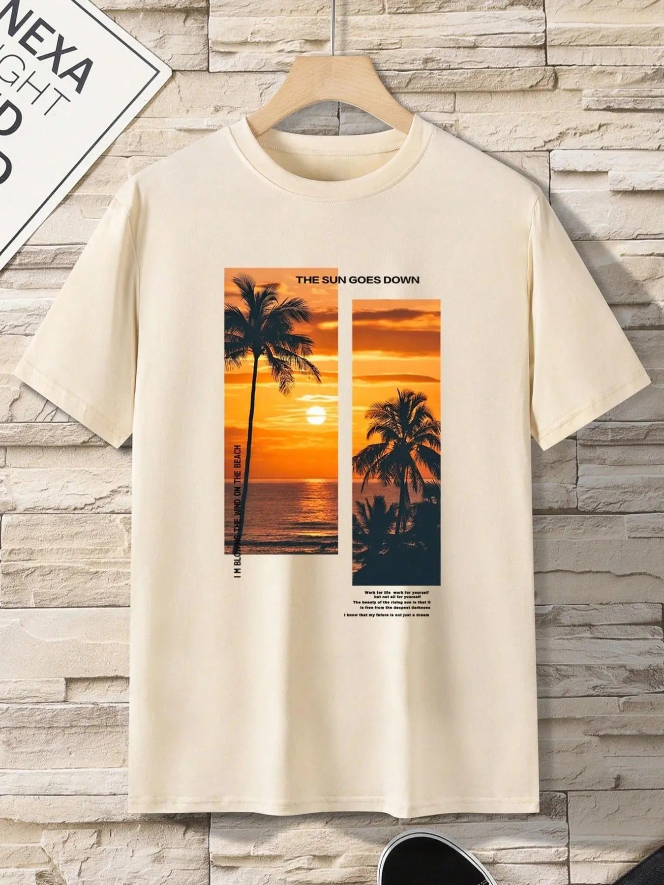 Men's Landscape Sunset Print Round Neck Tee, Regular Fit Coconut Tree Print Short Sleeve T-Shirt for Summer, Casual Comfy...