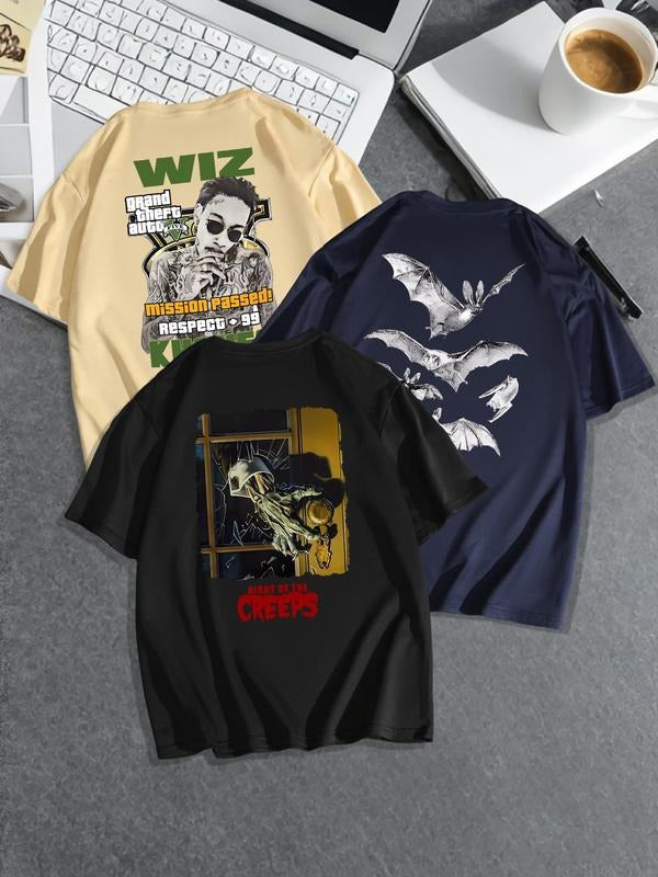 Men's Letter & Bat Print Graphic Tee, Regular Fit Casual Short Sleeve Round Neck T-shirt for Summer, Men's Top for Daily...