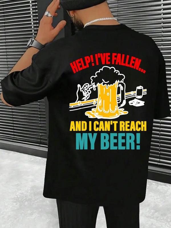 Men's Letter & Beer Print Round Neck Tee, Regular Fit Casual Short Sleeve Crew Neck T-Shirt for Summer, Fashion Men's Top...