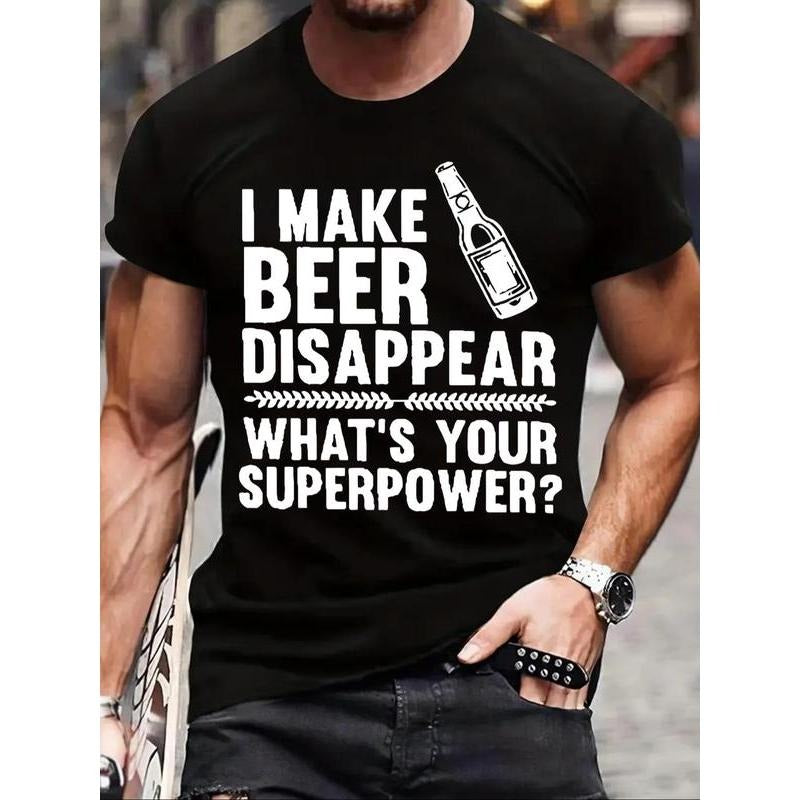 Men's Letter & Beer Print Round Neck Tee, Regular Fit Casual Short Sleeve Crew Neck T-shirt, Men's Top for Daily Wear...