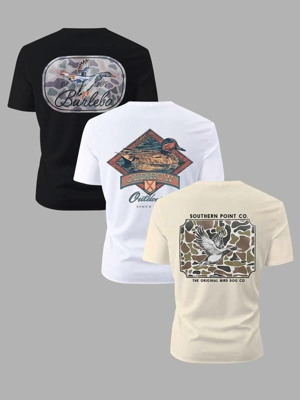 Men's Letter & Bird Print Round Neck Graphic Tee, Regular Fit Casual Short Sleeve T-shirt for Summer, Men's Top for Daily...