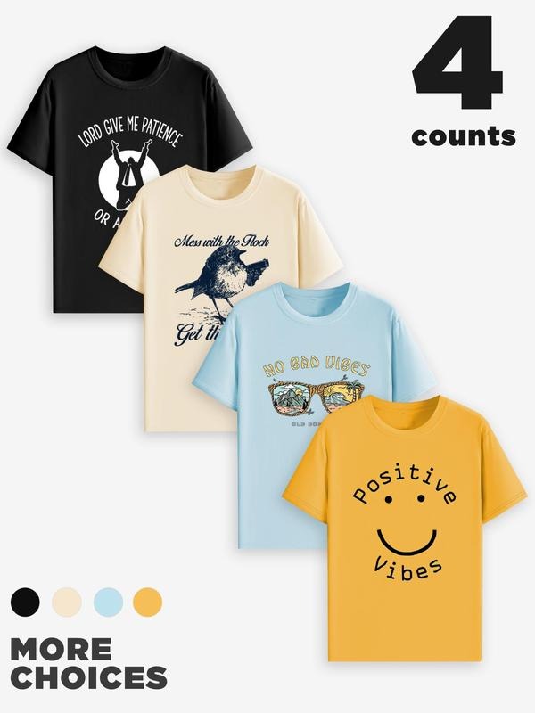 Men's Letter & Bird Print Round Neck Tee, Regular Fit Casual Short Sleeve T-shirt for Summer, Men's Top for Daily Wear...