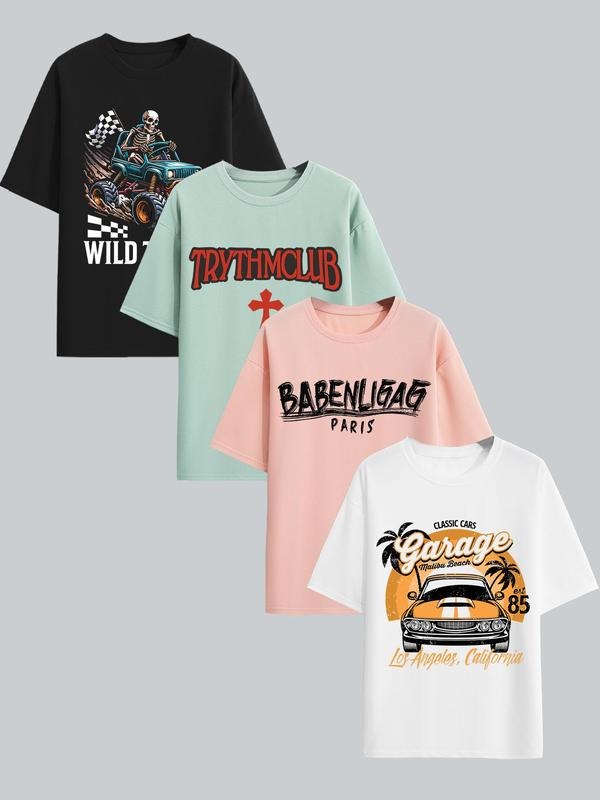 Men's Letter & Car Print Round Neck Tee, Loose Casual Short Sleeve T-shirt for Summer, Men's Top for Daily Wear Hoodie,...
