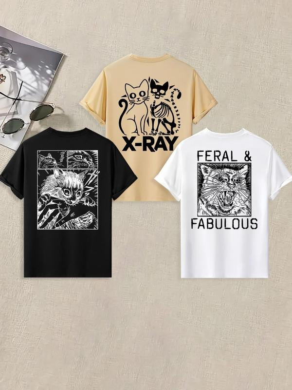 Men's Letter & Cat Print Round Neck Tee, Regular Fit Casual Short Sleeve Crew Neck T-shirt for Summer, Men's Top for...