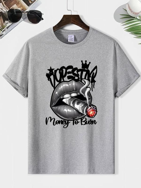 Men's Letter & Cigarette Print Round Neck Tee, Loose Casual Short Sleeve Crew Neck T-shirt for Summer, Fashion Men's Top...