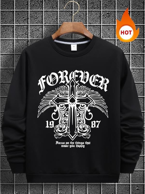 Men's Letter & Cross Print Round Neck Sweatshirt, Regular Fit Casual Long Sleeve Crew Neck Pullover for Fall & Winter,...