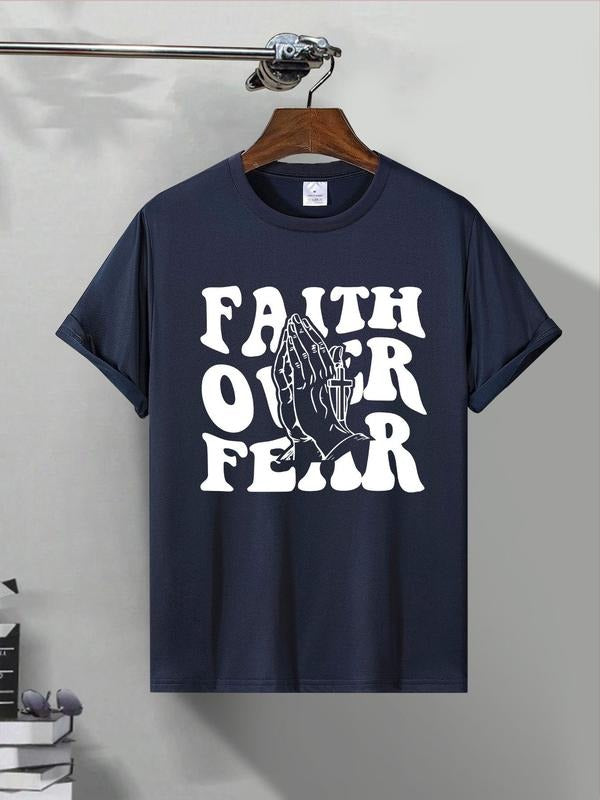 Men's Letter & Cross Print Round Neck Tee, Regular Fit Casual Short Sleeve Crew Neck T-shirt for Summer, Fashion Men's...