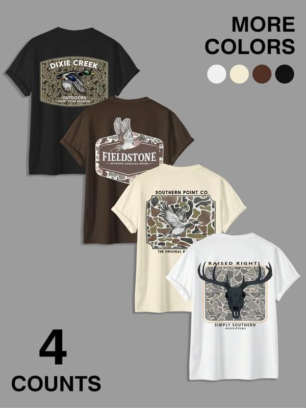 Men's Letter & Deer Print Round Neck Graphic Tee, Regular Fit Casual Short Sleeve T-shirt for Summer, Men's Top for Daily...