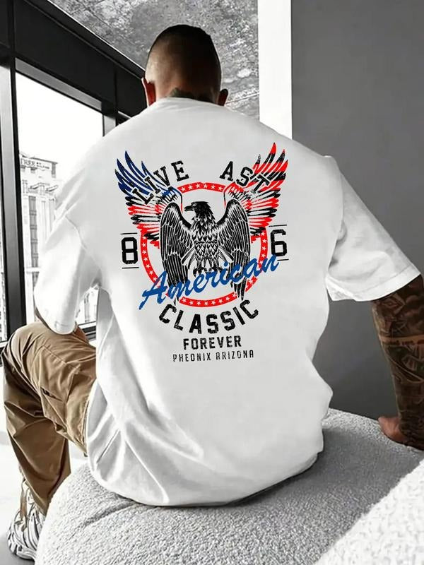 Men's Letter & Eagle Print Round Neck Tee, Loose Casual Fashion Short Sleeve T-shirt for Summer, Men's Top for Daily...