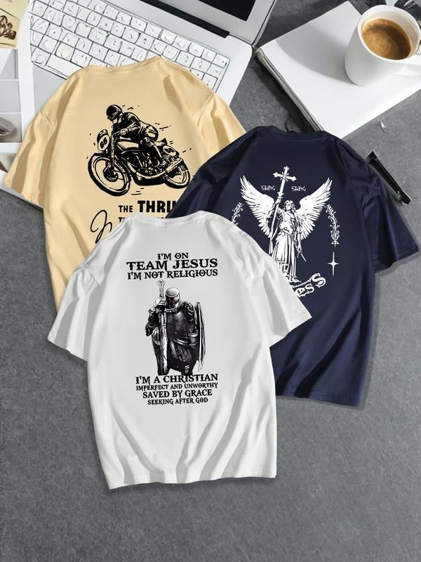 Men's Letter & Eagle Print Round Neck Tee, Regular Fit Casual Short Sleeve T-shirt for Summer, Men's Top for Daily Wear,...