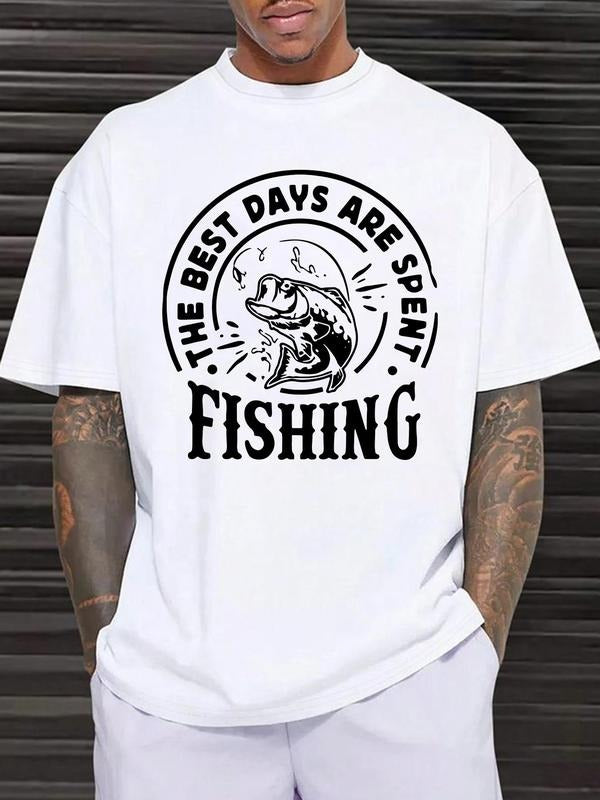 Men's Letter & Fish Graphic Round Neck Tee, Regular Fit Casual Short Sleeve Crew Neck T-shirt, Men's Top for Daily Wear...