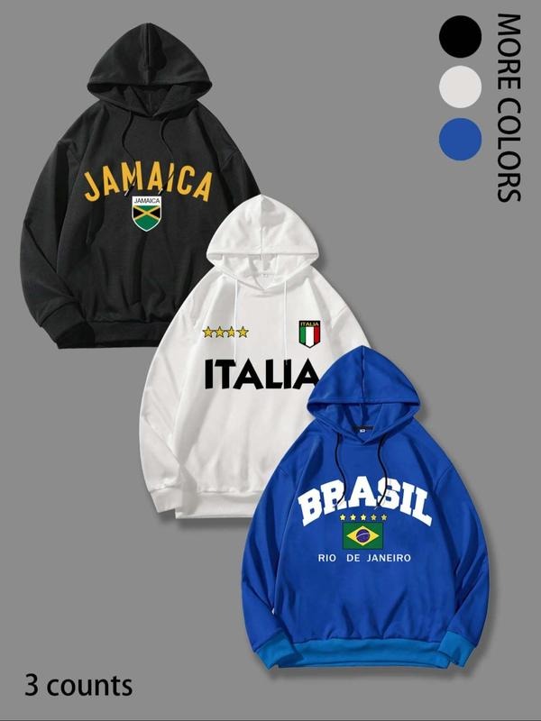 Men's Letter & Flag Print Drop Shoulder Hoodie, Casual Regular Fit Drawstring Long Sleeve Hooded Sweatshirt for Fall &...