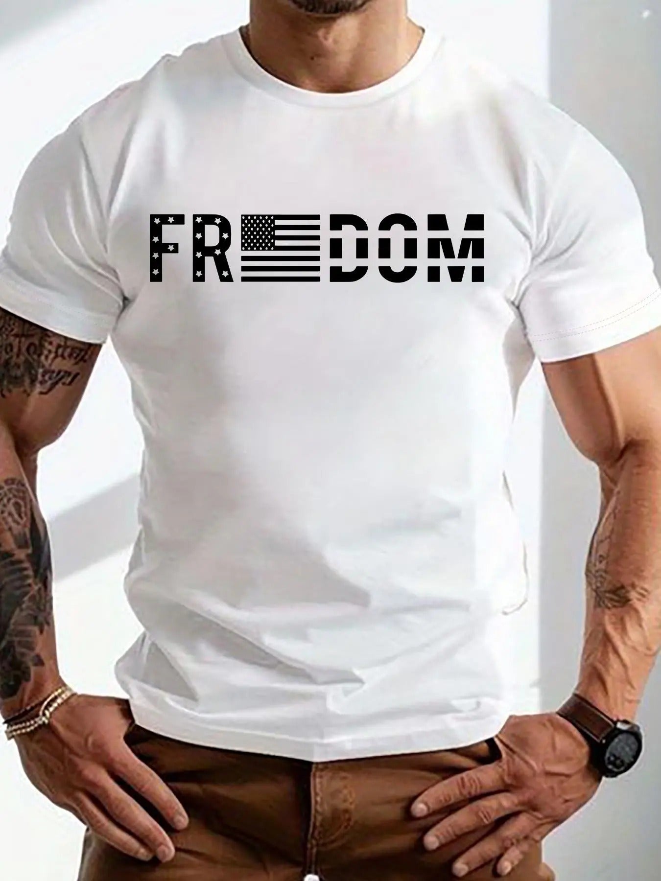 Men's Letter & Flag Print Round Neck Tee, Casual Short Sleeve Crew Neck T-shirt for Summer, Fashion Men's Regular Fit Top...