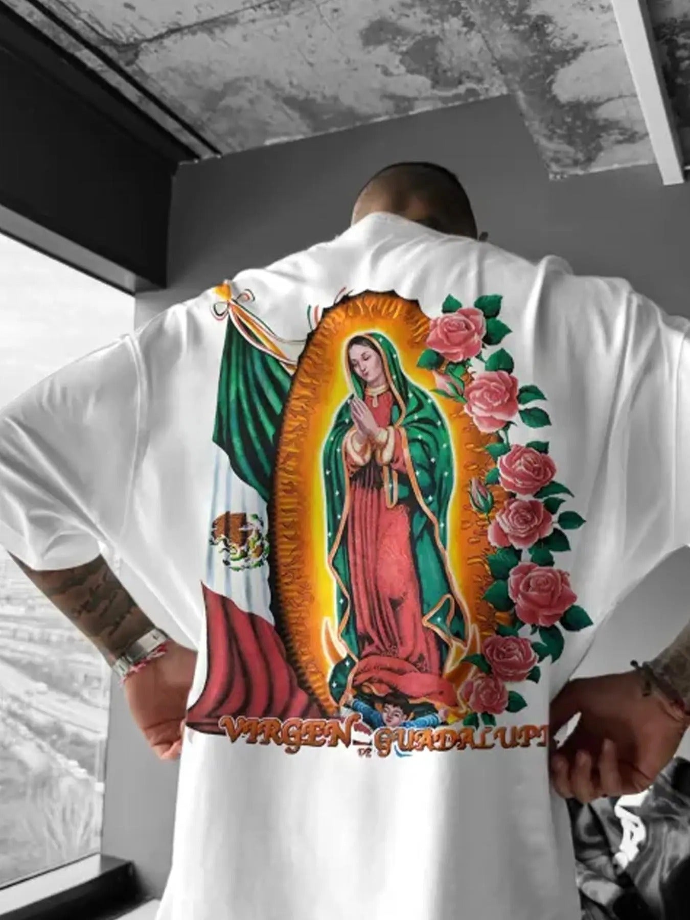 Men's Letter & Floral & Virgin Mary Print Drop Shoulder Tee, Graphic Tees for Men, Regular Fit Vintage Short Sleeve Round...