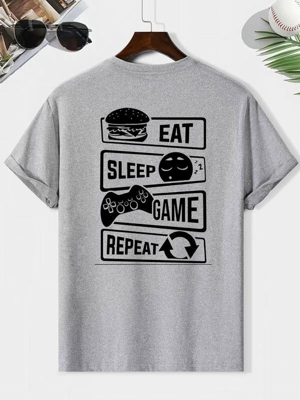 Men's Letter & Gamepad Print Round Neck Tee, Regular Fit Casual Short Sleeve T-shirt, Men's Summer Top for Daily Wear,...
