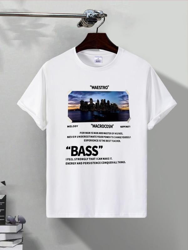 Men's Letter & Geometric Print Round Neck Tee, Regular Fit Casual Short Sleeve T-shirt for Summer, Men's Top for Daily...