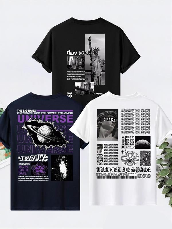 Men's Letter & Graphic Print Round Neck Tee, Regular Fit Casual Short Sleeve T-shirt for Summer, Men's Top for Daily Wear...