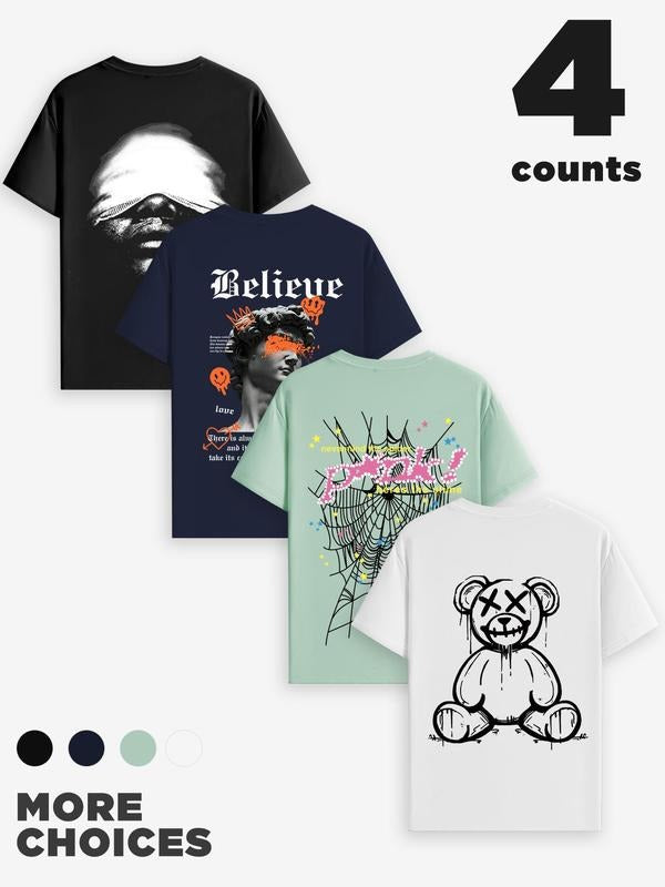 Men's Letter & Graphic Print Round Neck Tee, Regular Fit Casual Short Sleeve T-shirt, Men's Summer Top for Daily Wear...