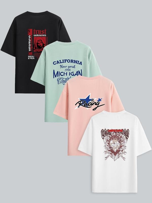 Men's Letter & Graphic Print Short Sleeve Tee, Round Neck T-shirt for Summer, Casual Comfy Men's Top for Daily Wear...