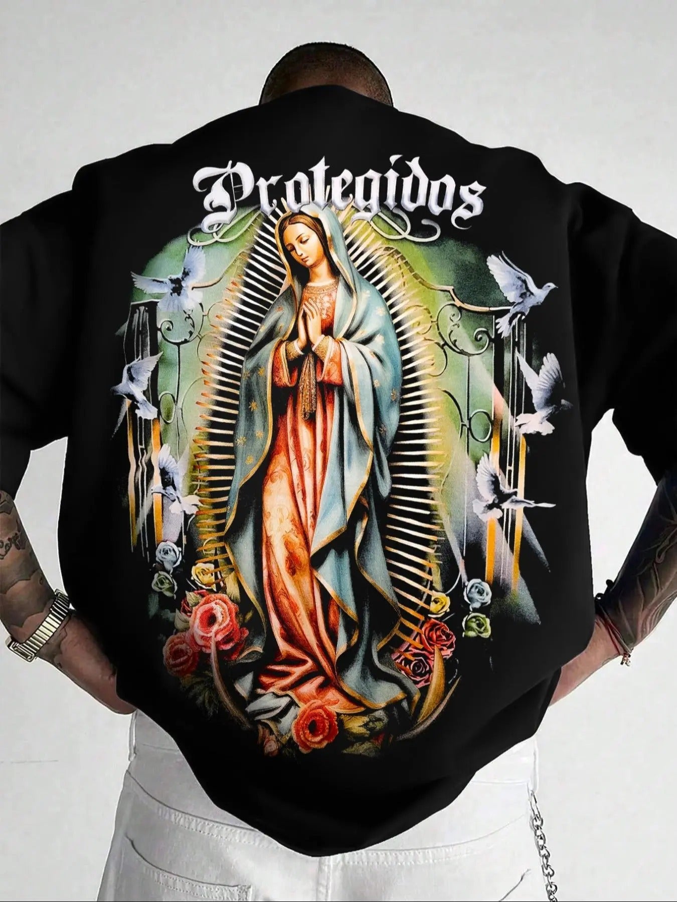 Men's Letter & Guadalupe Print Round Neck Graphic Tee, Loose Casual Short Sleeve T-shirt for Daily Wear, Men's Top for...