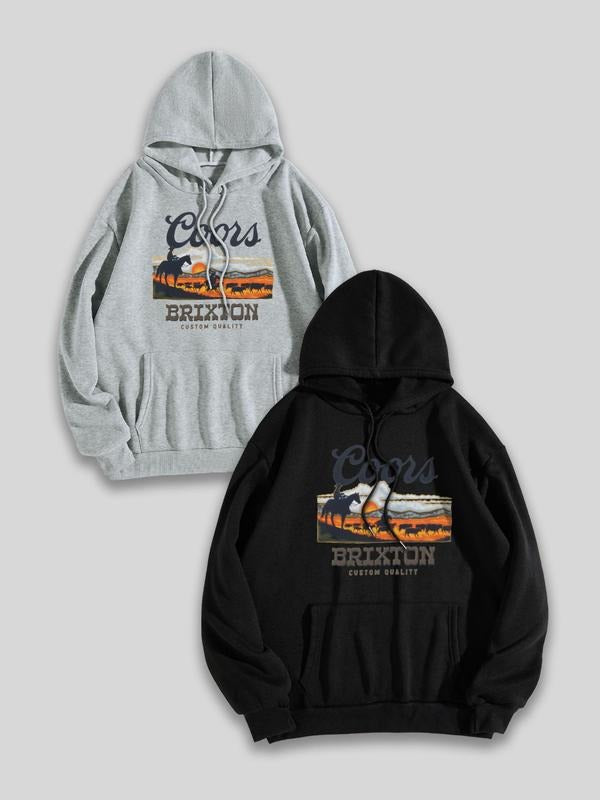 Men's Letter & Landscape Print Drop Shoulder Long Sleeve Hoodie, Casual Regular Fit Drawstring Pocket Hooded Sweatshirt...